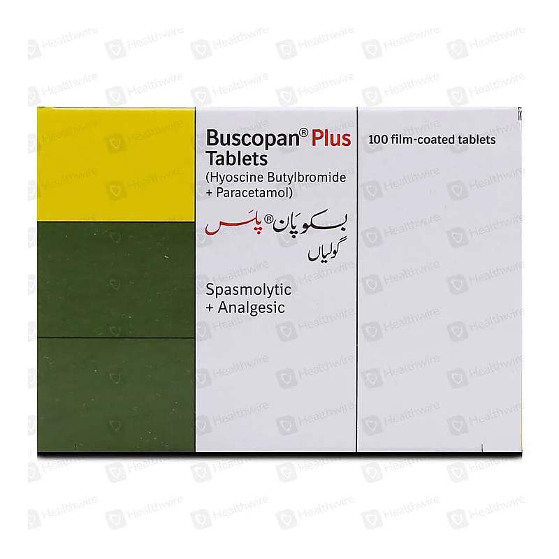 Buscopan Plus 100 Tablets — authentic medicine packaging